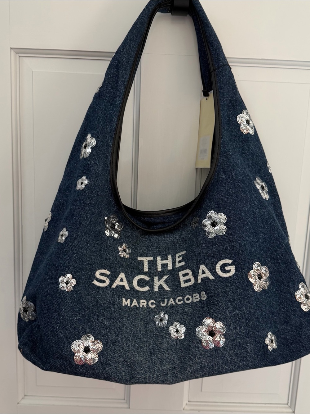 Marc Jacobs The Sack Bag Denim Tote in Dark Blue with Sequin Flowers new